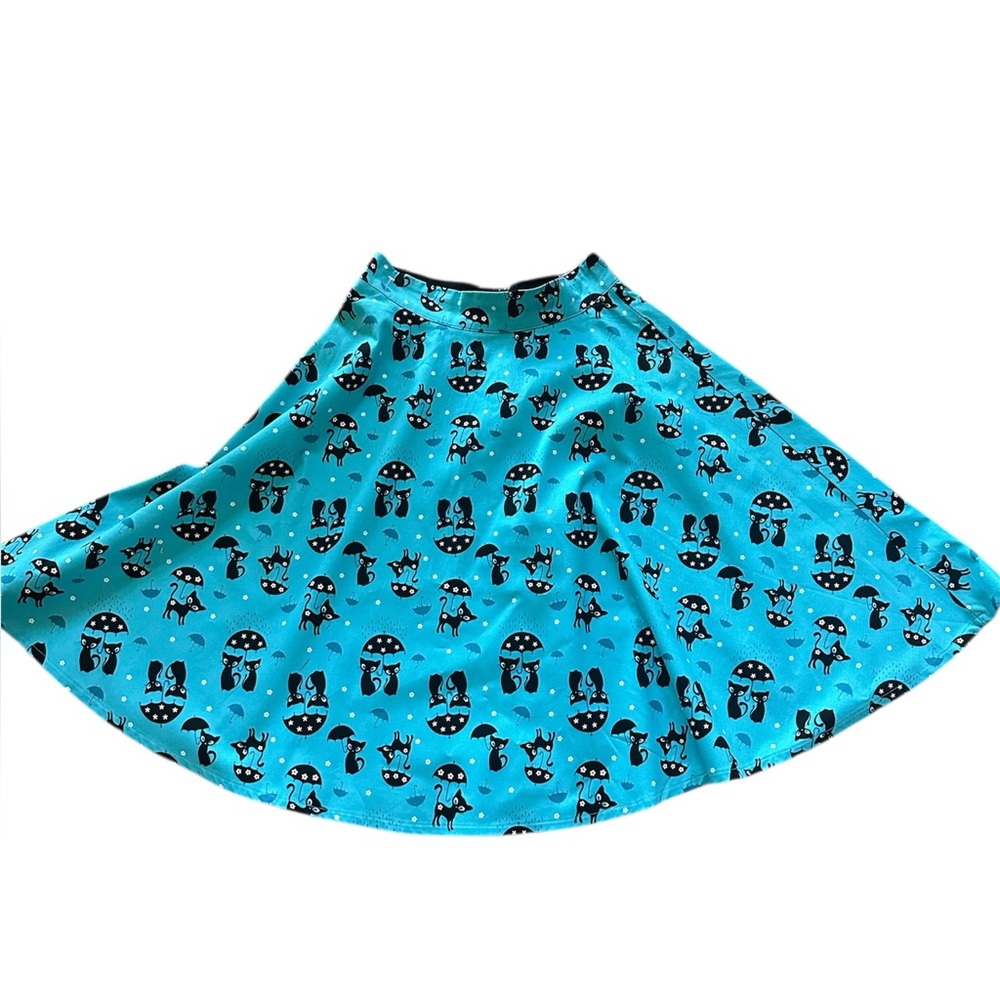 Voodoo Vixen Retro Rockabilly Kitty Print Full Round Skirt Teal Turquoise & Blk